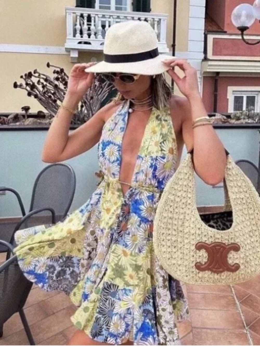 Floral Halter Summer Dress in Blue & Yellow